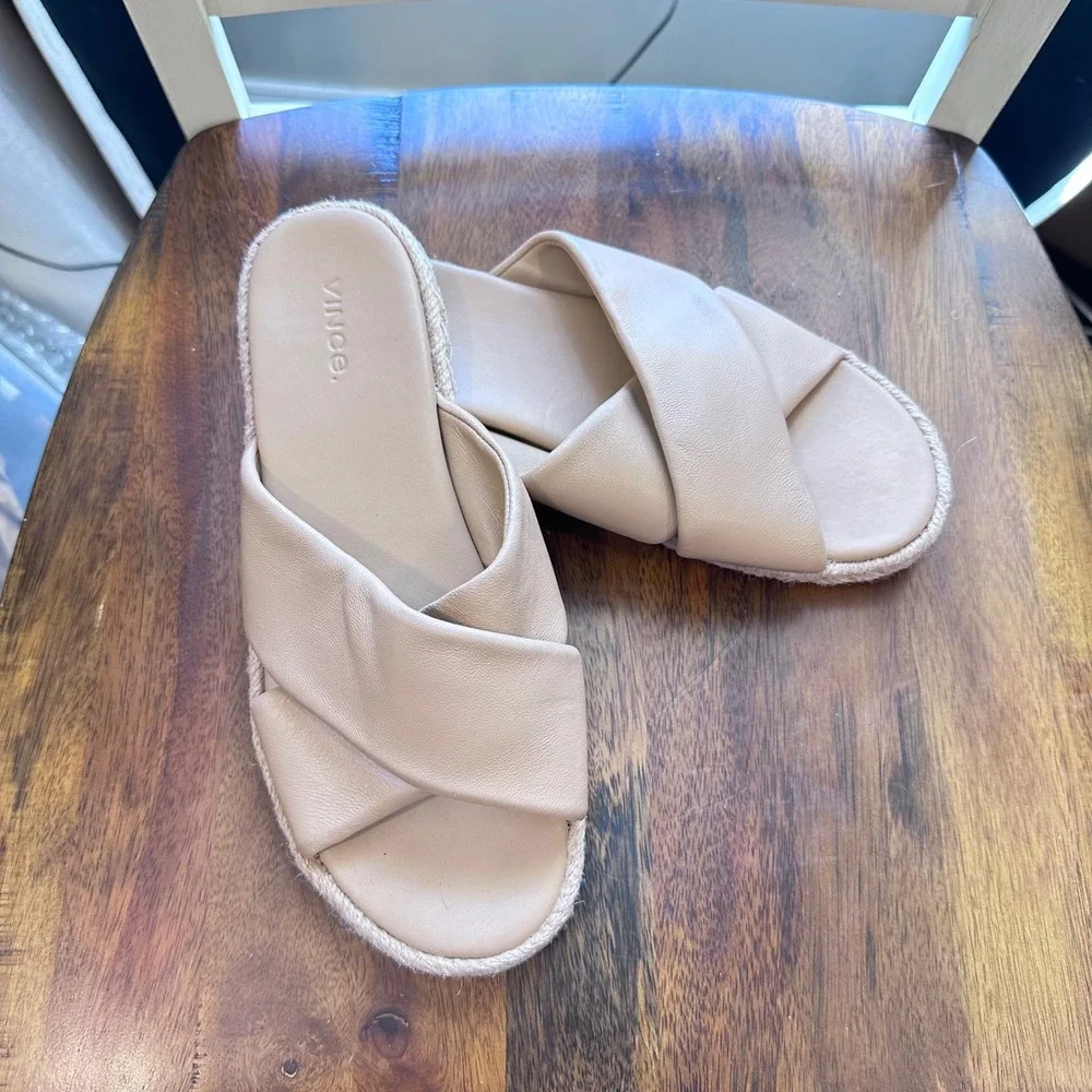 Vince Glyn Espadrille Sandals Women 8.5 Beige Leather Crisscross Slide Spain